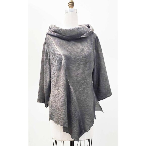 KiYO Womens Gray Lagenlook Top Blouse Asymmetric Rayon Crinkle Cowl Neck L - Picture 1 of 12